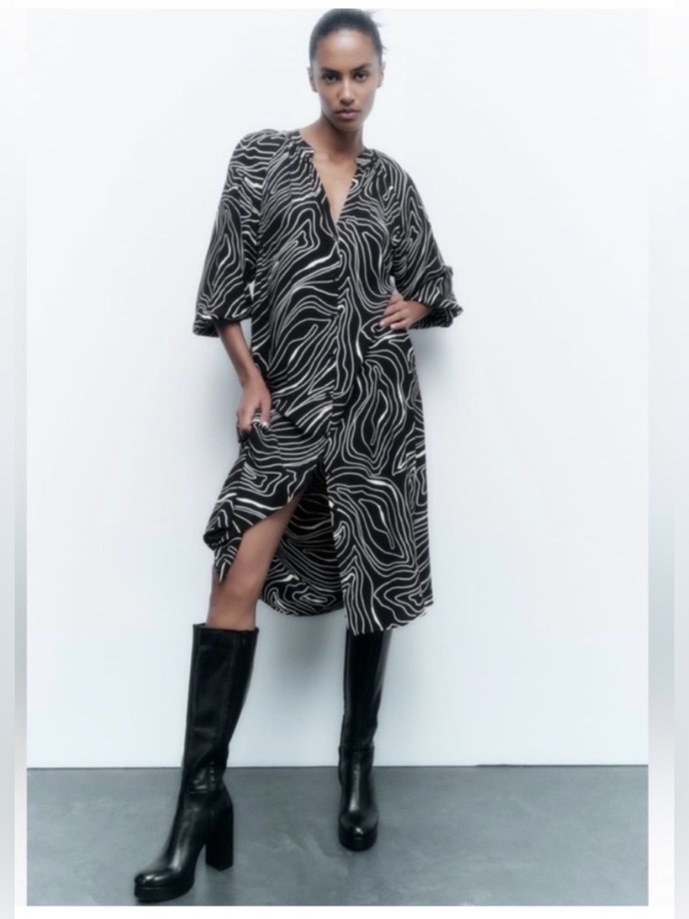 Zara Black & White Abstract Swirl Print Midi Shirt Dress Long Sleeve XXL
